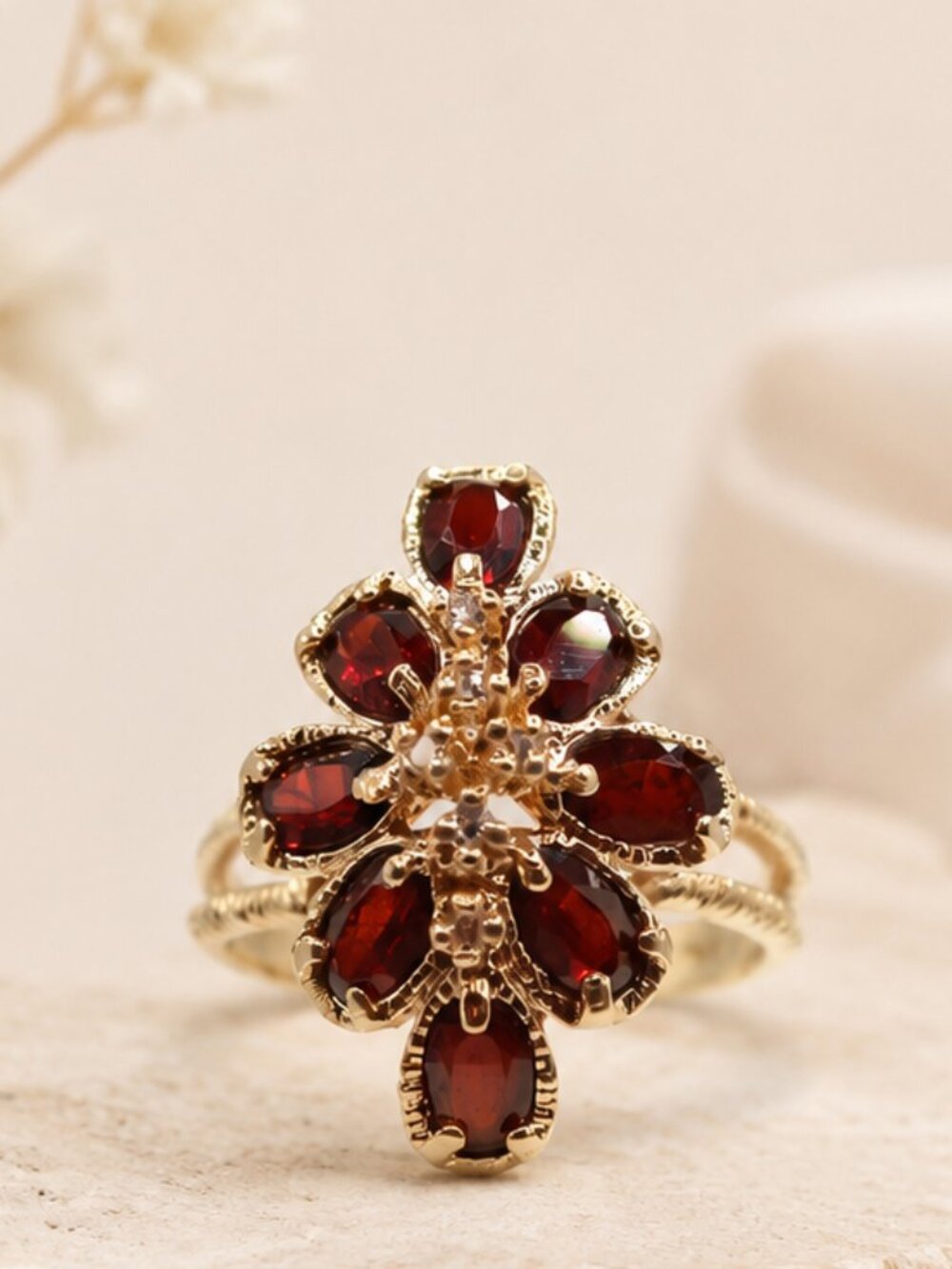 Garnet & Diamond Floral Statement Ring